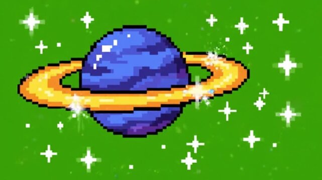 Pixel Art Purple Saturn Planet with Rings Animation on Green Screen Chroma Key Background