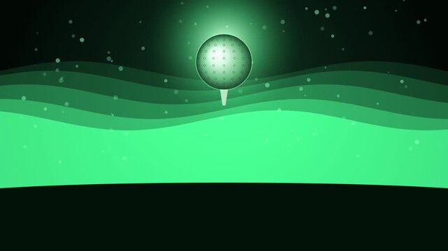 Abstract green glowing golf ball on tee with wavy background and floating particles looping animation