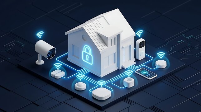 Smart Home Security System 3D Isometric Concept with Surveillance Cameras and Wireless IoT Devices