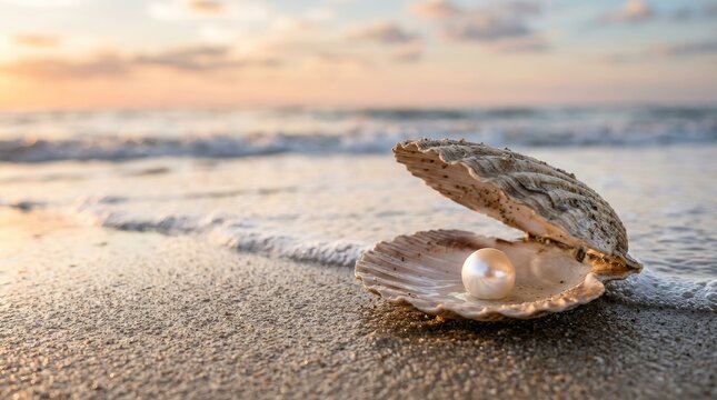 Luminous white pearl resting gently inside textured seashell on sandy ocean beach during sunset