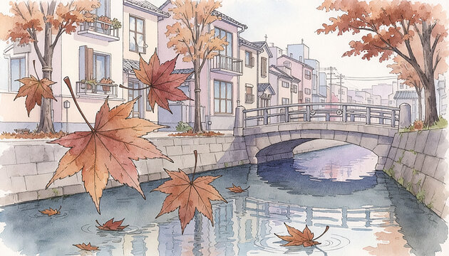 Watercolor Autumn Canal Town Generative AI