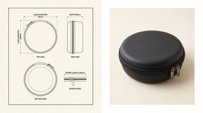 Round black protective case technical drawing and product photo specifications