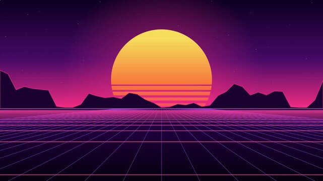 Retro outrun synthwave sunset grid background loop