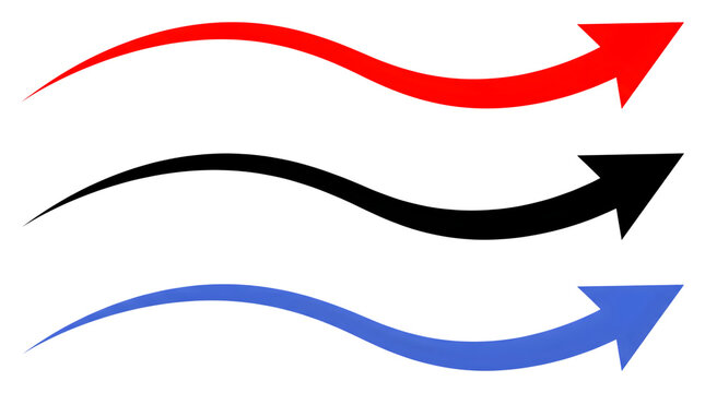 Three colorful sweeping wavy arrows in red, black, and blue pointing upward and forward, isolated graphic design elements for direction, movement, and progress concepts