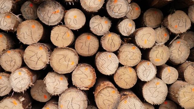 Stacked cut timber logs fill full, showing circular ends with handwritten numbers, rough bark edges, pale wood grain, and orange paint marks. Dense industrial wood storage creates rustic texture.
