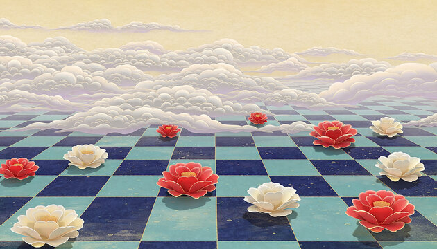 Surreal Checkerboard with Camellias Generative AI