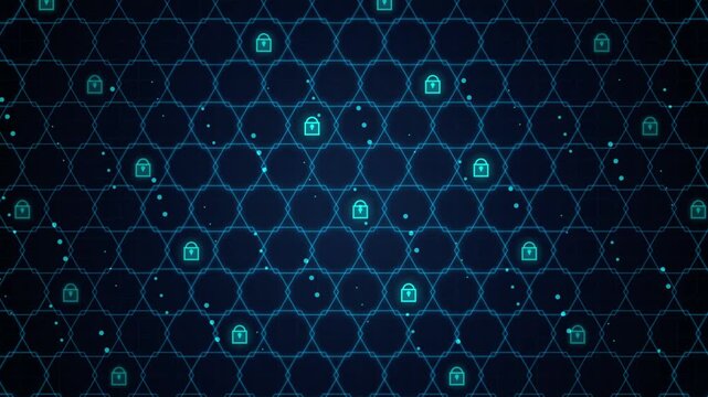 Cyber security background with glowing blue digital lock icons on a futuristic network grid