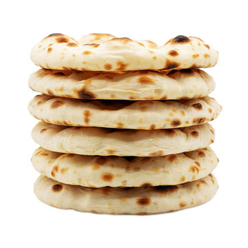 A stack of six freshly baked naan flatbreads isolated on transparent background