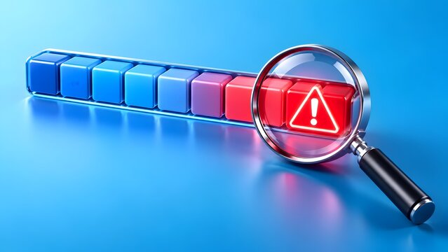 3D progress bar with magnifying glass focusing on red warning triangle block, concept of risk analysis error detection and system vulnerability scan