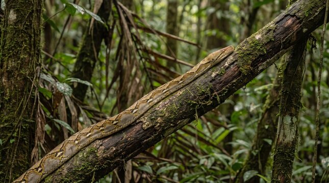 Reticulated Python Slithering on a Mossy Tree Branch in Rainforest, Generative Ai 