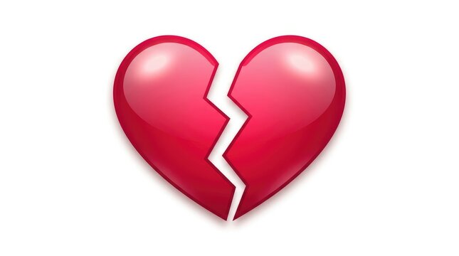Glossy red broken heart symbol showing emotional pain and relationship breakup against isolated background