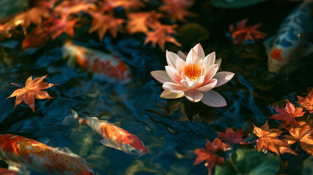 水面に浮かぶ紅葉と睡蓮の間を泳ぐ鯉