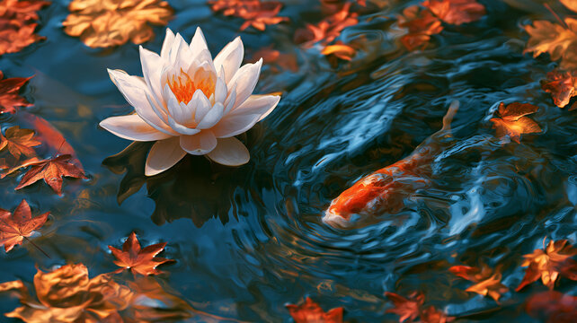水面に浮かぶ紅葉と睡蓮の間を泳ぐ鯉