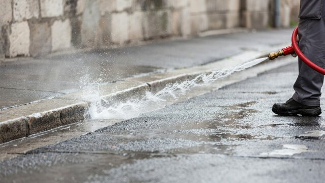 High power jet of pressure water flushing debris from street gutter and curb side during municipal urban cleaning operation.