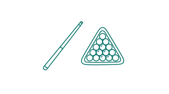Teal line art illustration of pool cue and billiard balls in triangle rack.