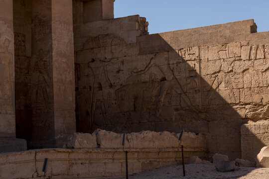 Abydos, Egypt, 13th century BC. Temple of Seti I (New Kingdom). Temple interior, columns, vaults, bas-reliefs, hieroglyphs.