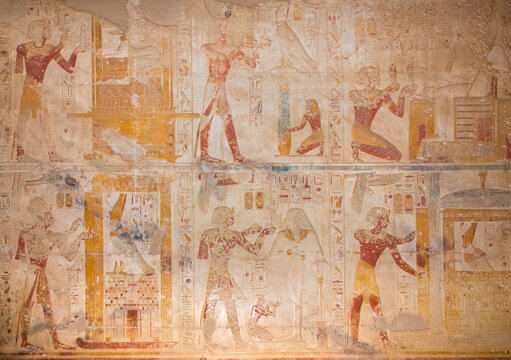 Abydos, Egypt, 13th century BC. Temple of Seti I (New Kingdom). Relief carvings on the walls of the temple.