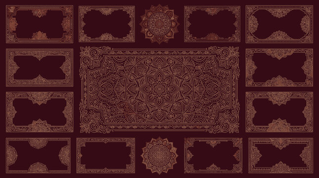 Ornate ethnic mandala frames and borders set on dark background