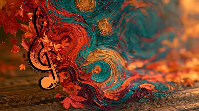 Treble clef music note with flowing impasto paint swirls and red maple leaves on rustic wood, creative autumn concept for music art and poster backgrounds