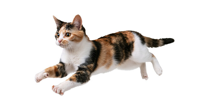 Tricolor calico cat pouncing in mid jump with paws extended isolated on white background