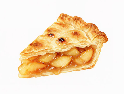Slice of apple pie with golden flaky crust, watercolor, realistic details, unique creativity, subtle vivid color, isolated on pure white background, no shadows