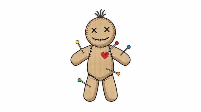Creepy voodoo doll with pins stuck in its body and a red heart symbol on its chest