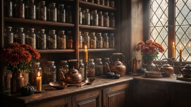 Candles and Copper Teapots in Vintage Herbal Apothecary Pantry