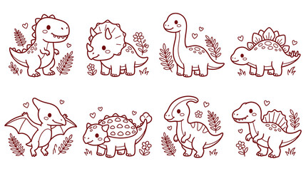 Cute cartoon dinosaur coloring page collection with prehistoric animals and floral elements. © MST. RATNA AKTER