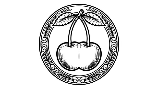 Vintage Woodcut Style Cherry Fruit Logo Emblem with Ornamental Circular Frame Isolated on White Background