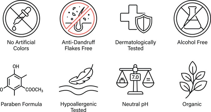 Hair care and cosmetic packaging line icons set featuring anti dandruff paraben formula hypoallergenic and organic badge elements
