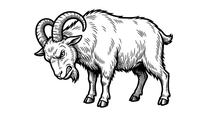 Powerful Ram with Large Curved Horns Hand Drawn Illustration in Vintage Engraving Style for Logo