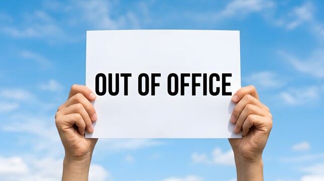 ) _ (97) clouds. (05) -> Wait, lets just use exact character count: `A pair of human hands holding a rectangular white paper sign with bold black text reading OUT OF OFFICE, displayed featuring sky