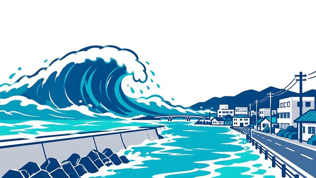 巨大な津波が海岸の街を襲う災害イメージ、防潮堤や消波ブロック、道路と住宅がある沿岸風景｜津波・大波・海岸・防災・水害
