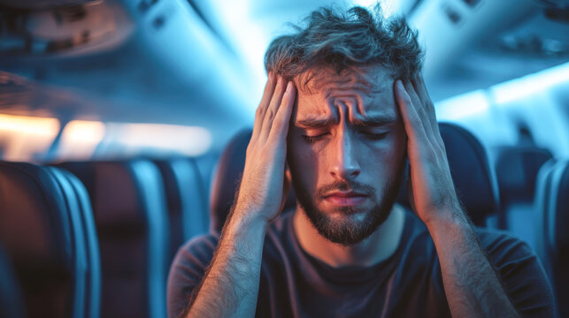 headache on airplane Male passenger is afraid and feels bad while flying on an airplane.