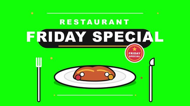 Restaurant friday special green screen video animation featuring a delicious meal plate with fork and knife symbols