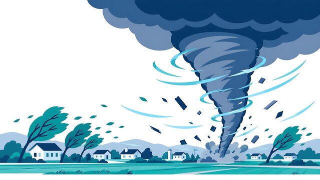 巨大な竜巻が住宅街を襲う自然災害の風景、強風で飛散物が舞う暴風と積乱雲のイメージ｜竜巻・暴風・住宅・防災