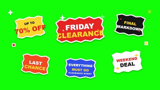 Vibrant animated sale tags and clearance badges moving dynamically on green screen background loop