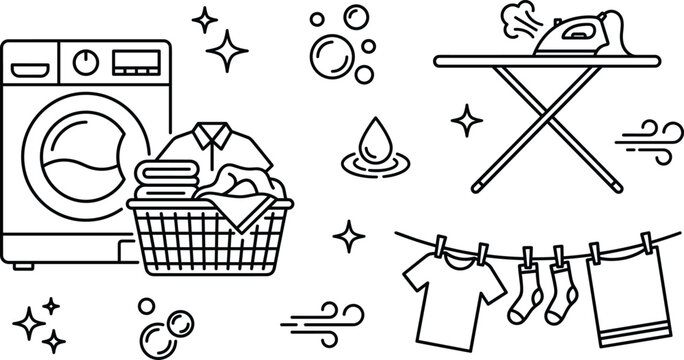Laundry service and domestic chore vector line icon set with washing machine clothes basket ironing board and clothesline