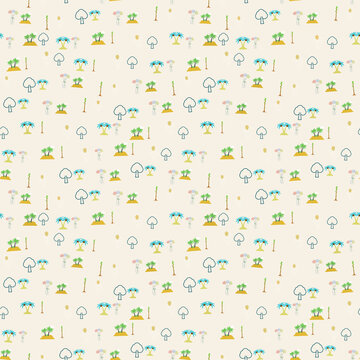 Seamless pattern of tropical island elements and trees