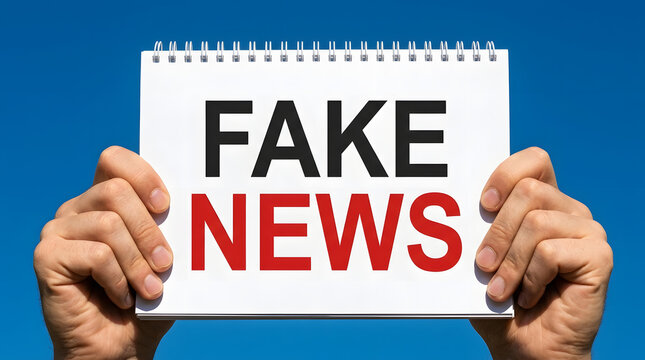 Two human hands holding a white spiral-bound notepad featuring bold uppercase text reading FAKE NEWS, with black lettering for fake and red lettering for news against a solid bright blue background