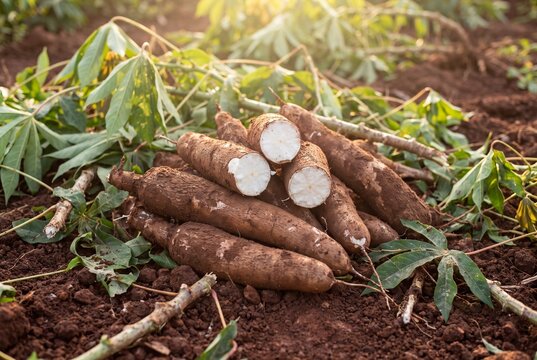 Freshly harvested cassava roots on red soil