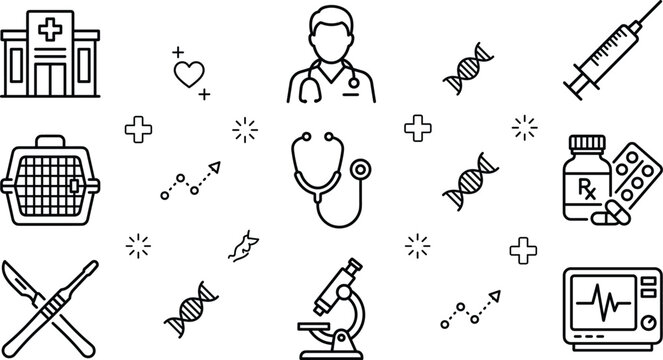 Medical healthcare and veterinary line icon set featuring doctor hospital stethoscope medicine bottle syringe scalpel microscope monitor