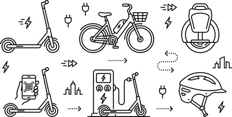 Urban electric micro mobility vector icon set featuring scooter ebike unicycle helmet smartphone qr code charging station © Vactor Itbd
