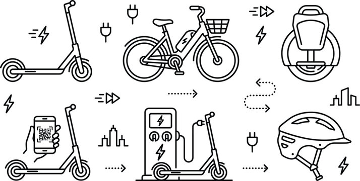Urban electric micro mobility vector icon set featuring scooter ebike unicycle helmet smartphone qr code charging station