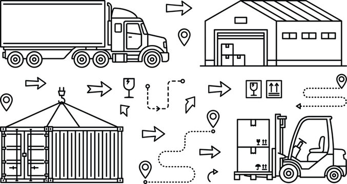 Warehouse shipping logistics and transport vector line icon set with delivery semi truck forklift container crane and tracking