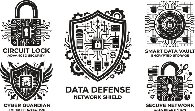 Cybersecurity and data network shield emblem vector set featuring hardware circuit lock and database storage badges