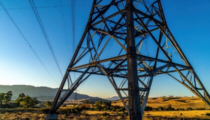 Obraz premium Close-up view of a towering high-voltage electricity pylon against a clear blue sky, with rolling hills in the background at sunset.