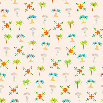 Tropical pattern with palm trees and flowers
