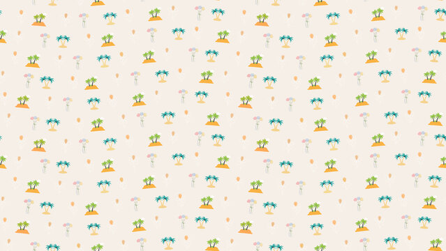 Tropical pattern with palm trees, flowers, and balloons