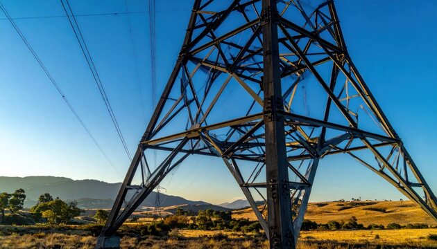 Close-up view of a towering high-voltage electricity pylon against a clear blue sky, with rolling hills in the background at sunset.